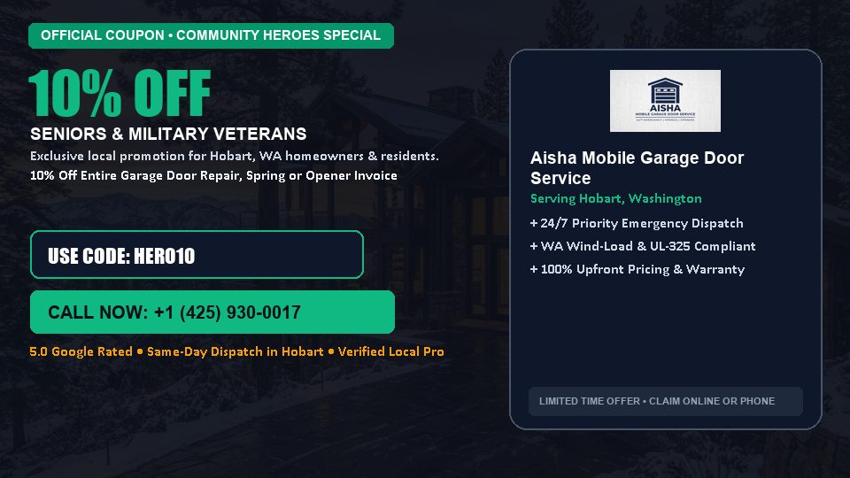 Aisha Mobile Garage Door Service 10% OFF Seniors & Military Veterans in Hobart, WA